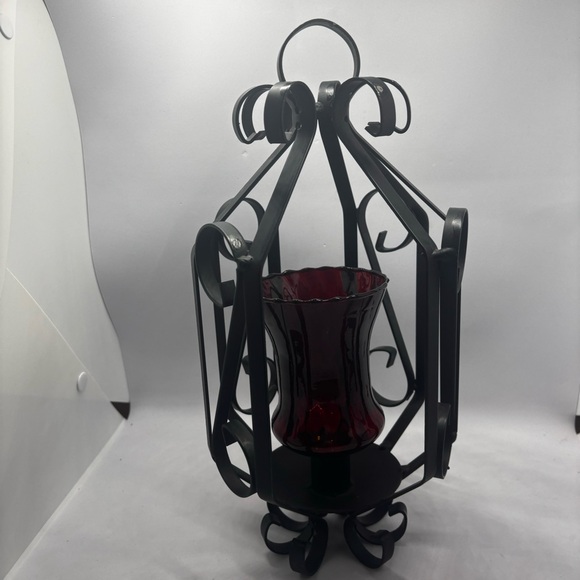 MCM-hanging metal scroll lantern with red glass votive holder-Spanish/goth/Vtg - Picture 8 of 11